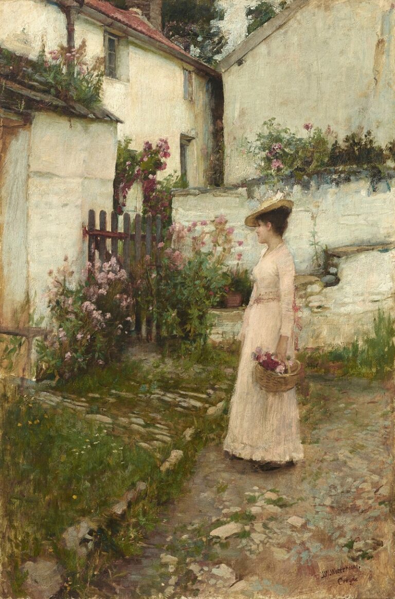 Bloemen plukken in een tuin in Devonshire - John William Waterhouse