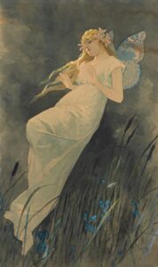 Elf met irisbladeren - Alphonse Mucha
