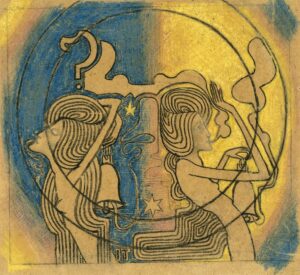 Twee gestileerde vrouwelijke figuren met klok in de hand - Jan Toorop
