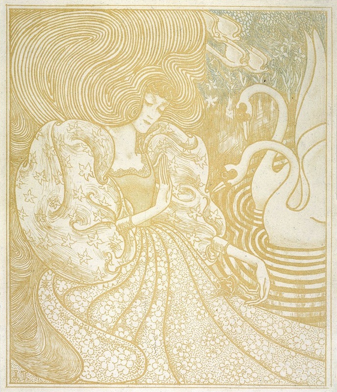 Vrouw met vlinder bij vijver met zwanen - Jan Toorop